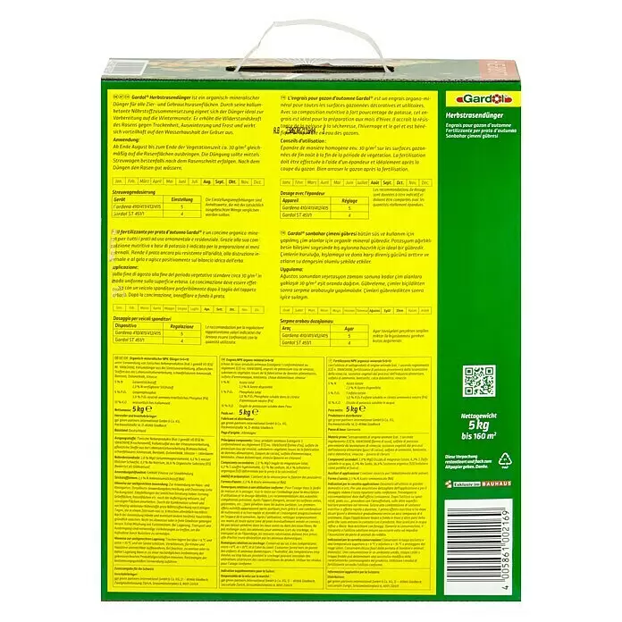 Gardol Rasendünger - 5 kg, Max. Anwendungsfläche: 160 m² - Gardol Herbstrasendünger in einem gelb-grünen 5kg Sack.