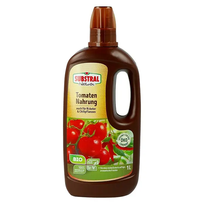 Substral Bio-Tomaten- & Kräuternahrung - 1 l, Max. ausreichend für Flüssigkeitsmenge: 140 l - Bild einer Flasche Substral Naturen Tomaten Nahrung, ein Bio-Tomatendünger, der für eine reiche Ernte und aromatische Früchte sorgt.