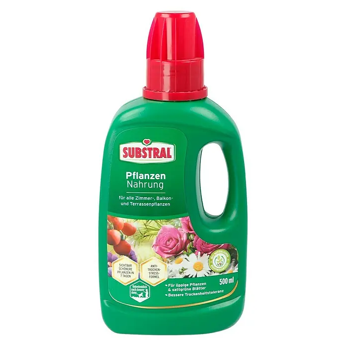 Substral Universaldünger - 500 ml - Das Bild zeigt eine grüne Flasche Substral Pflanzennahrung mit rotem Deckel. Das Produkt ist für Zimmer-, Balkon- und Terrassenpflanzen geeignet.
