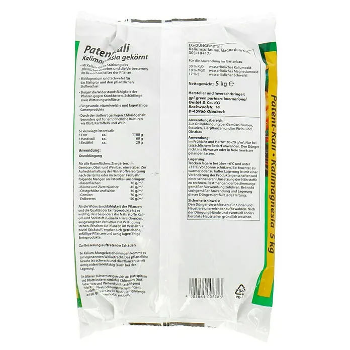 Patentkali - 5 kg, Max. Anwendungsfläche: 100 m² - Nahaufnahme der Verpackung von Patent-Kali Kalimagnesia, einem EG-Düngemittel zur Gartenanwendung, Nettogewicht 5 kg.