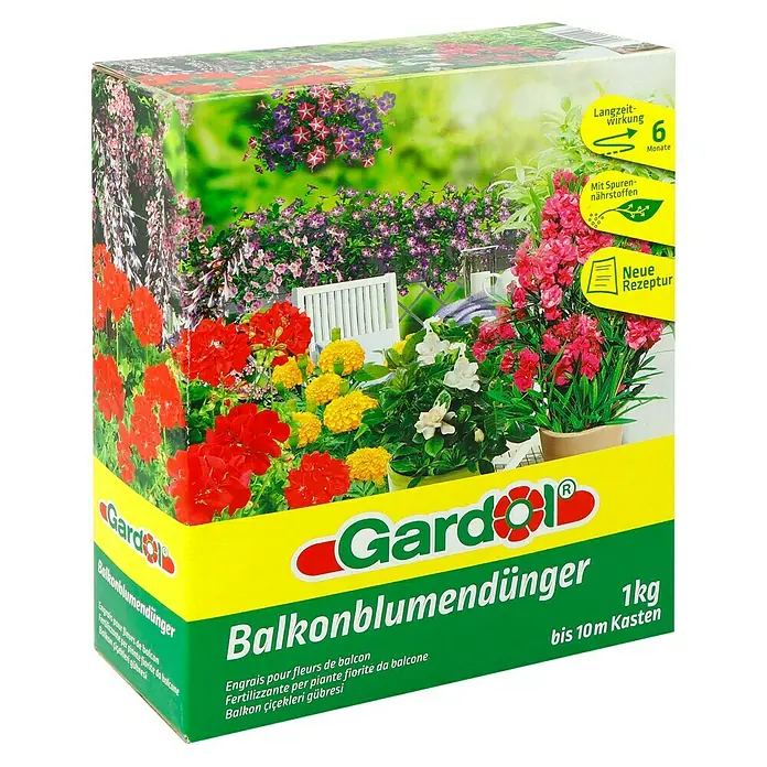 Gardol Balkonblumendünger - Mit Langzeitwirkung, 1 kg, Passend für: 10 m Balkonkasten - Bild einer Packung Gardol Balkonblumendünger, einem Langzeitdünger für Balkonblumen, der bis zu 6 Monate wirkt und Spurennährstoffe enthält.
