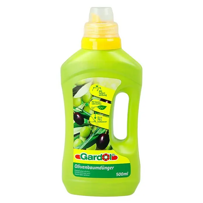 Gardol Olivenbaumdünger - 500 ml - Bild einer Flasche Gardol Olivenbaumdünger, einem Dünger für Olivenbäume, mit gelbem Verschluss und grüner Flasche, Inhalt 500ml.