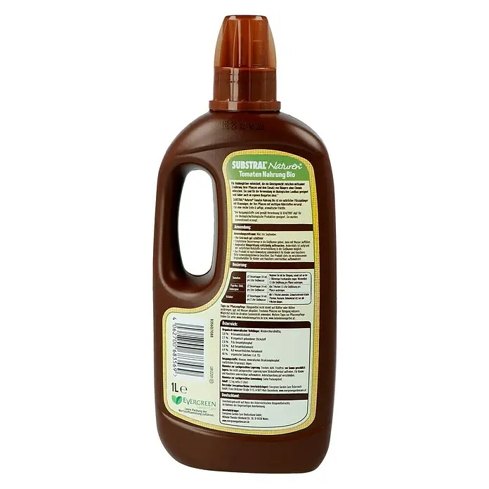 Substral Bio-Tomaten- & Kräuternahrung - 1 l, Max. ausreichend für Flüssigkeitsmenge: 140 l - Substral Naturen Tomaten Nahrung Bio: Ein braune 1-Liter-Flasche mit Bio-Tomatendünger, ideal für gesunde, aromatische Früchte im eigenen Garten.