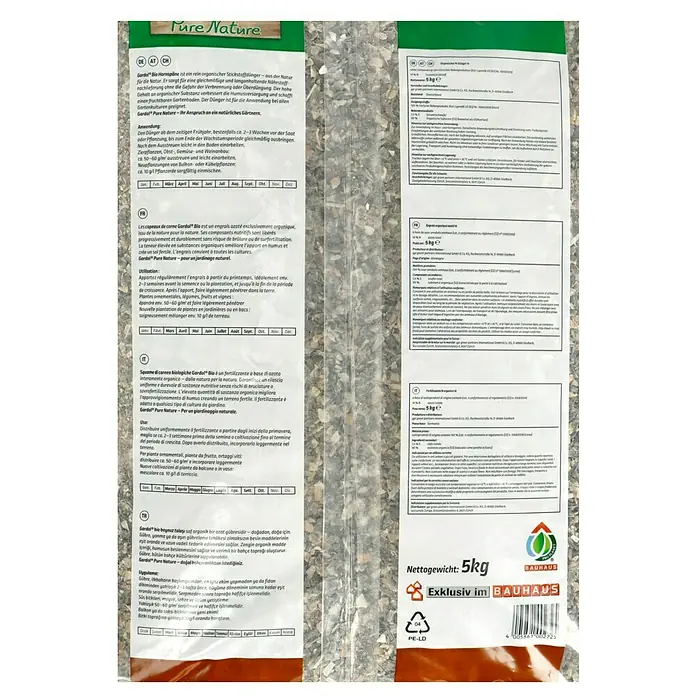 Gardol Bio-Hornspäne - 5 kg, Max. Anwendungsfläche: 100 m² - Produktbild von 'Pure Nature Gardol Bio Hornspäne', einem organischen Stickstoffdünger, exklusiv bei Bauhaus erhältlich.