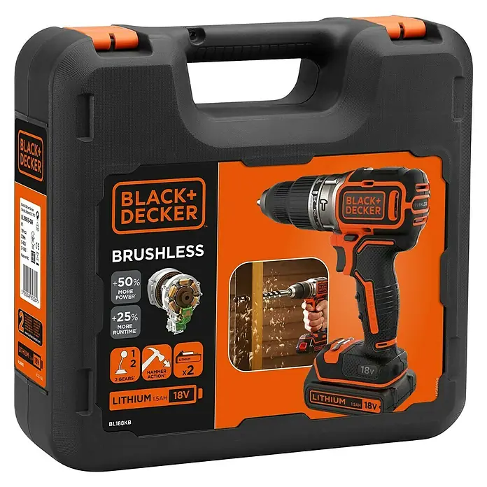 Black+Decker Akku-Schlagschrauber BL188K-QW - 18 V, 1 Akku, 1,5 Ah - Abbildung eines Black+Decker Akku-Schlagbohrschraubers mit 18 V in einer robusten Aufbewahrungsbox mit Zubehör für vielfältige Anwendungen.