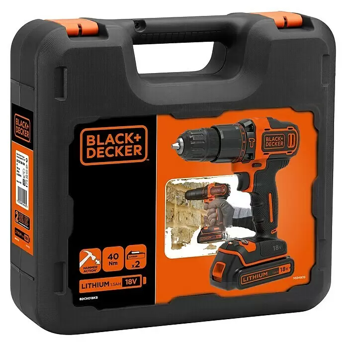 Black+Decker Taladro atornillador percutor de batería BDCHD18KB - 18 V, 2 baterías, 1,5 Ah, 40 Nm - Kit taladro percutor inalámbrico Black+Decker 18V: 40Nm, 2x baterías Litio 1.5Ah, acción de martillo, en estuche negro y naranja.