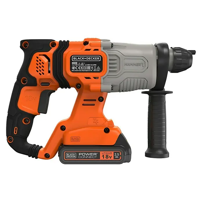 Black+Decker Akku-Kombihammer BCD900E2K-QW - 18 V, 2 Akkus, 1,2 J - Abbildung eines Akku-Bohrhammers von Black+Decker, ideal für Bau- und Heimwerkerprojekte, mit 18V Lithium-Ionen Akku für lange Laufzeiten.