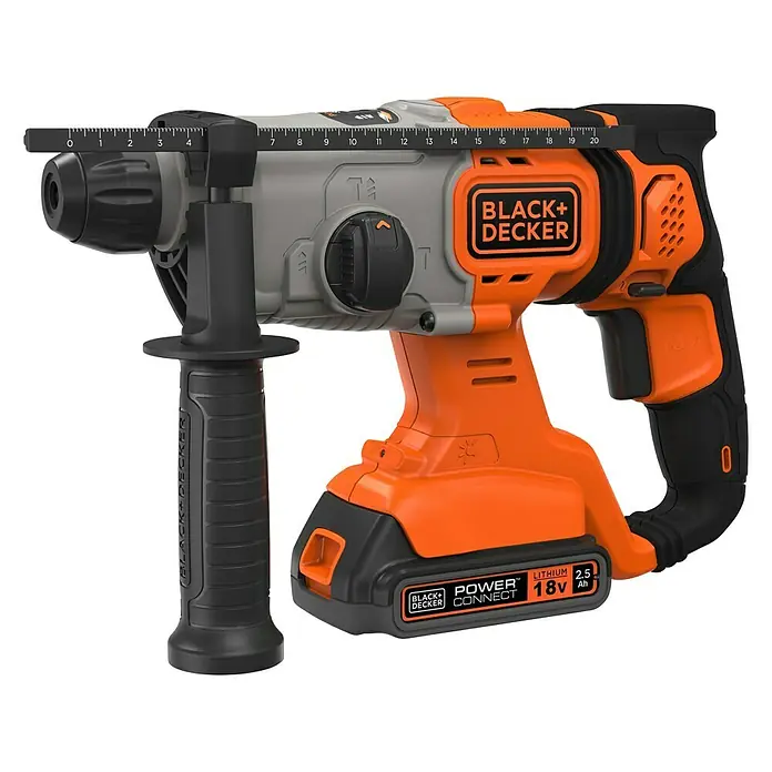 Black+Decker Akku-Kombihammer BCD900E2K-QW - 18 V, 2 Akkus, 1,2 J - Ein Black+Decker 18V Akku-Bohrhammer mit einem robusten Design in Schwarz, Grau und Orange. Das Gerät ist ideal für anspruchsvolle Bohr- und Hammerarbeiten.