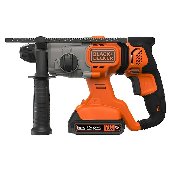 Black+Decker Akku-Kombihammer BCD900E2K-QW - 18 V, 2 Akkus, 1,2 J - Nahaufnahme einer Black+Decker Akku-Bohrmaschine mit Schlagbohrfunktion, ideal für Heimwerkerprojekte.