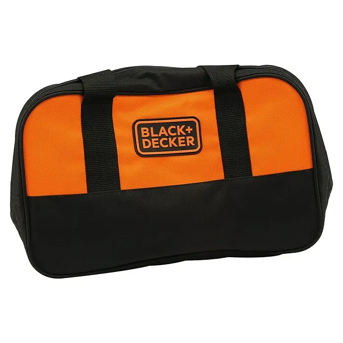 Black+Decker Akku-Winkelschleifer BCG720M1-QW - Li-Ionen, 4 Ah, 1 Akku, Durchmesser Scheibe: 125 mm, 8.600 U/min - Eine schwarze und orangefarbene Black+Decker Werkzeugtasche mit Tragegriffen, ideal für die Aufbewahrung und den Transport von Werkzeugen.