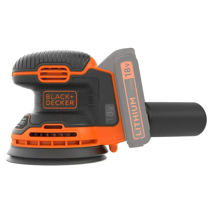 Black+Decker 18V PowerConnect Lijadora excéntrica de batería BDCROS18N-XJ - 18 V, Iones de litio, Sin batería, 125 mm - Primer plano de una lijadora orbital aleatoria inalámbrica Black+Decker con una batería de iones de litio de 18 V, ideal para proyectos de bricolaje.