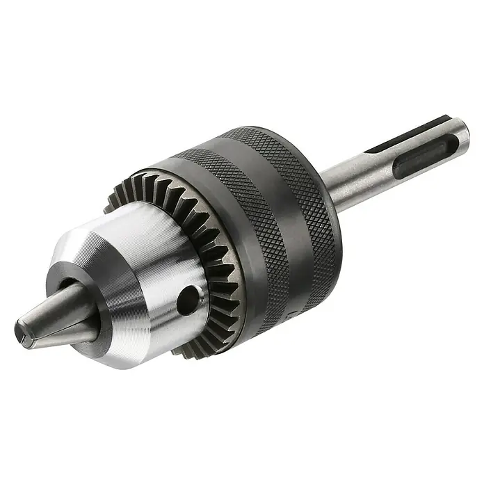 Black+Decker Akku-Kombihammer BCD900E2K-QW - 18 V, 2 Akkus, 1,2 J - Nahaufnahme eines Bohrfutters mit einem Schaft. Das Bohrfutter ist aus Metall gefertigt und hat eine gerändelte Oberfläche.