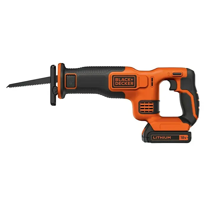 Black+Decker Akku-Säbelsäge BDCR18-QW - 18 V, 1 Akku, 1,5 Ah, 0 /min - 3.000 /min - Akkuschlagschrauber von Black+Decker, orangefarben und schwarz, mit Lithium-Akku und 18V Leistung für vielseitige Anwendungen.