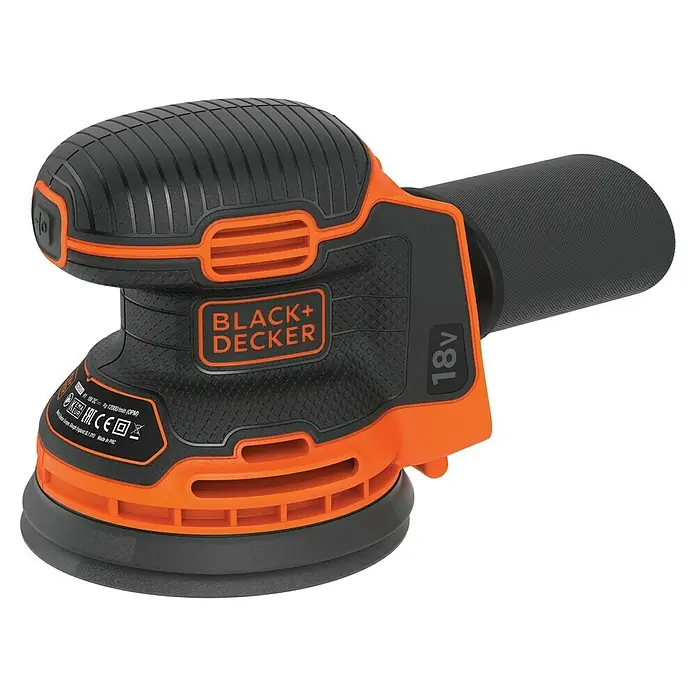 Black+Decker 18V PowerConnect Akku-Exzenterschleifer BDCROS18N-XJ - 18 V, Li-Ionen, Ohne Akku, 125 mm - Nahaufnahme eines Black+Decker 18V Akku-Exzenterschleifers in Schwarz und Orange. Das Elektrowerkzeug ist kompakt und kabellos.