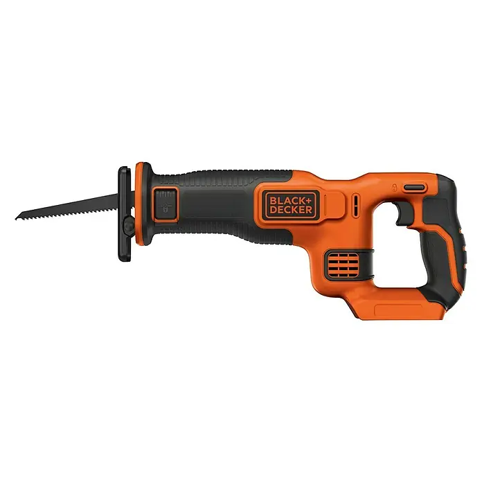 Black+Decker 18V PowerConnect Akku-Säbelsäge BDCR18N-XJ - 18 V, Ohne Akku, 0 /min - 3.000 /min - Bild einer BLACK+DECKER Säbelsäge mit orangefarbenem Gehäuse und schwarzem Griff. Zum Sägen von Holz, Metall und Kunststoff.