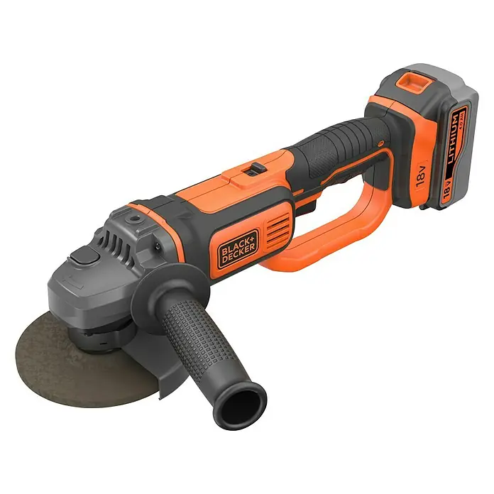 Black+Decker Akku-Winkelschleifer BCG720M1-QW - Li-Ionen, 4 Ah, 1 Akku, Durchmesser Scheibe: 125 mm, 8.600 U/min - Das Bild zeigt einen Black+Decker Akku-Winkelschleifer, ideal zum Schleifen und Trennen mit einem 18V Lithium-Ionen-Akku für kabellose Flexibilität.