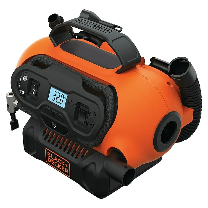 Black+Decker Akku-Kompressor BDCINF18N-QS - 18 V, Ohne Akku, 11 bar - Die Black+Decker ASI500-QS ist eine tragbare 12V/230V-Luftpumpe mit digitaler Druckeinstellung und automatischer Abschaltung für präzises Aufpumpen.