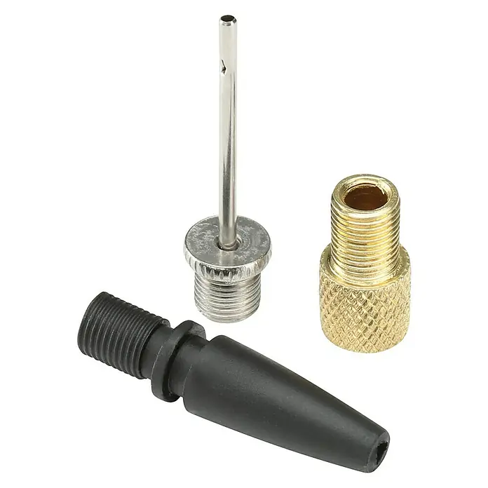 Black+Decker Akku-Kompressor BDCINF18N-QS - 18 V, Ohne Akku, 11 bar - Dieses Bild zeigt ein Set von Aufsätzen für Luftpumpen, inklusive einer Ballnadel, einem Düsenadapter und einem AV-Ventiladapter.