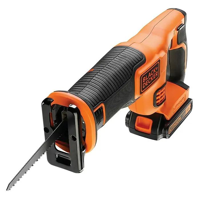 Black+Decker Akku-Säbelsäge BDCR18-QW - 18 V, 1 Akku, 1,5 Ah, 0 /min - 3.000 /min - Akkubetriebene BLACK+DECKER Säbelsäge mit orangefarbenem und schwarzem Design und scharfer Klinge.
