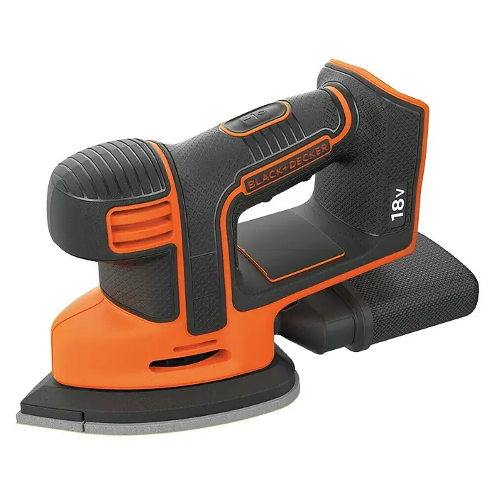 Black+Decker 18V PowerConnect Akku-Deltaschleifer Mouse® BDCDS18N-XJ - 18 V, Li-Ionen, Ohne Akku, 24.000 U/min - Nahaufnahme eines Black+Decker 18V Exzenterschleifers in Orange und Schwarz, ideal zum Schleifen verschiedener Oberflächen.