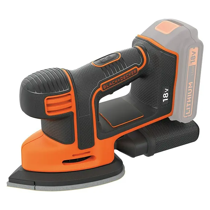 Black+Decker 18V PowerConnect Akku-Deltaschleifer Mouse® BDCDS18N-XJ - 18 V, Li-Ionen, Ohne Akku, 24.000 U/min - Bild einer Akku-betriebenen Black+Decker-Dreieckschleifmaschine mit orangefarbenen Akzenten vor einem schwarzen Hintergrund.