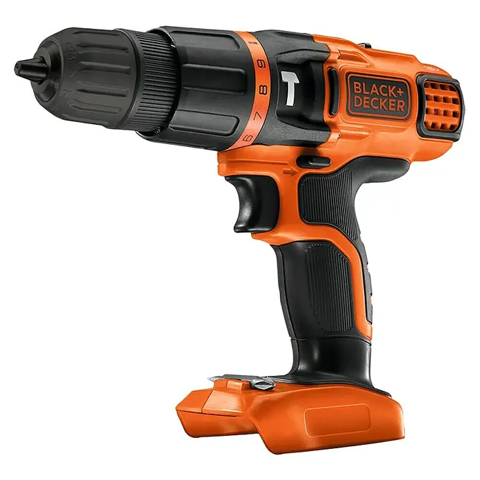Black+Decker Akku-Schlagbohrschrauber BDCH188N-XJ - 18 V, Ohne Akku - Bild einer orangefarbenen Black+Decker Akku-Bohrmaschine. Ein praktisches Werkzeug für Heimwerker- und Bauprojekte.
