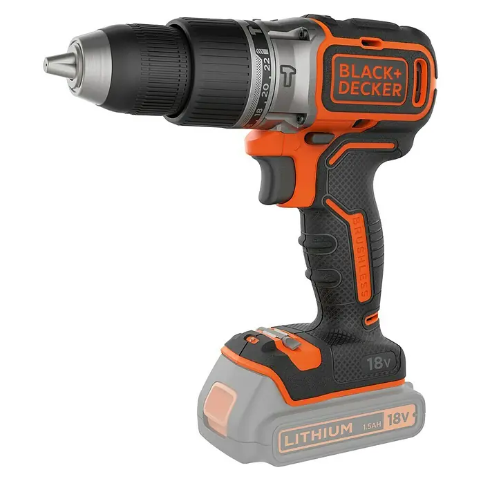 Black+Decker Akku-Schlagschrauber BL188N-XJ - 18 V, Ohne Akku - Akkubohrmaschine von Black+Decker mit 18V Lithium-Ionen-Akku. Das Gerät ist schwarz mit orangen Akzenten und hat ein bürstenloses Design.