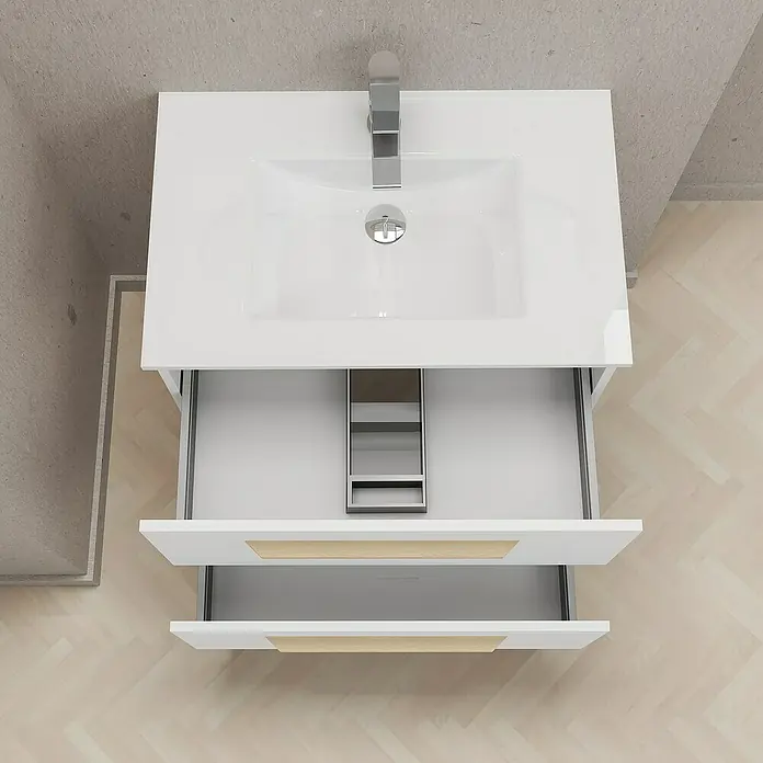Artysan Mueble bajo de lavabo Colom - Blanco - Imagen de un lavabo moderno con cajones blancos y un grifo.