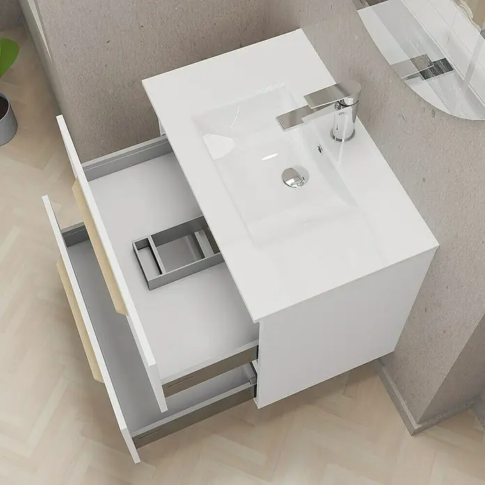 Artysan Mueble bajo de lavabo Colom - Blanco - Vista de un tocador blanco con cajones abiertos y un lavabo moderno con grifo, ideal para baños elegantes y funcionales.