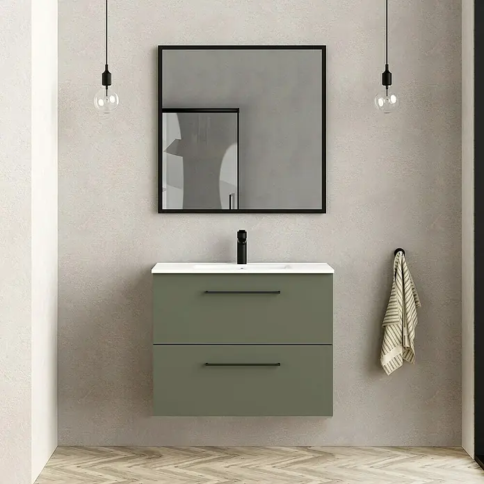 Conjunto de mueble de baño Arosa - Musgo, Mate, 3 pzs. - Tocador de baño moderno verde oliva con dos cajones, lavabo y espejo cuadrado con marco negro.