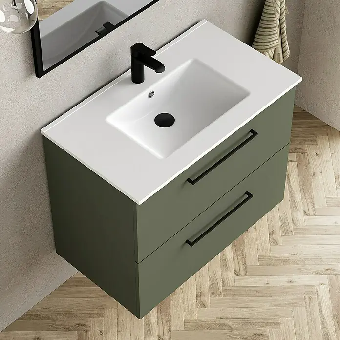 Artysan Mueble bajo de lavabo Arosa - L x An x Al: 44,6 x 80 x 64 cm, Musgo - Mueble de baño moderno con lavabo sobre encimera blanco, grifo y dos cajones en tono verde. El mueble ofrece mucho espacio de almacenamiento.