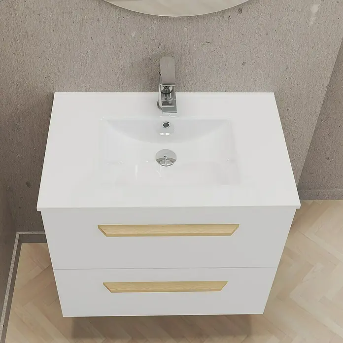 Artysan Mueble bajo de lavabo Colom - Blanco - Una foto de ángulo alto de un lavabo de baño blanco con dos cajones y tiradores de color marrón claro.