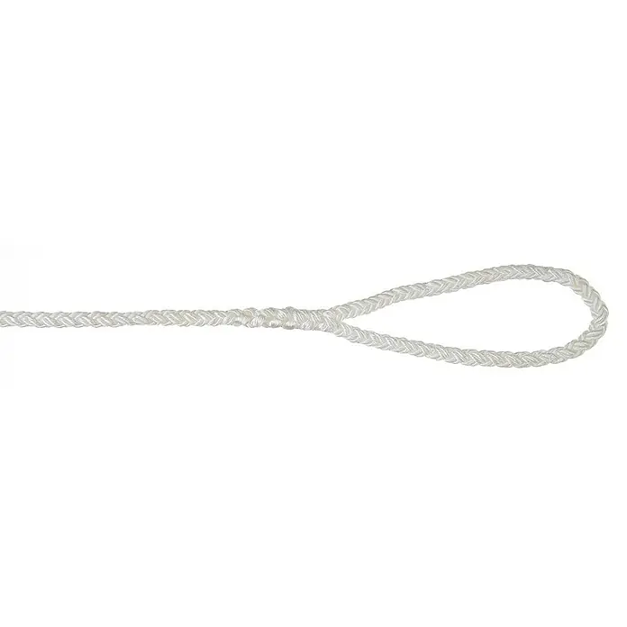 Leine 8-Plait mit Auge - Nylon, Länge: 10 m, Durchmesser: 16 mm, Weiß - Ein weißes Seil ist zu einer Schlaufe geknotet, das eine sichere und zuverlässige Verbindung für verschiedene Anwendungen bietet.