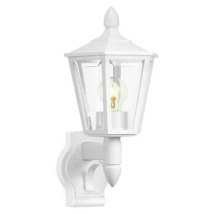 Steinel Außenwandleuchte L 15 weiß60 W, 24,3 x 18,8 x 40,4 cm, Weiß, IP44 - Weiße Außenwandleuchte mit klarem Glas und dekorativer Spitze, die ein warmes Licht ausstrahlt. Ideal für Hof oder Garten.