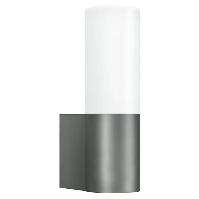 Steinel LED-Außenwandleuchte L 605 anthrazit - 11,3 W, 13,1 x 7,8 x 26 cm, Anthrazit, IP44 - Nahaufnahme einer stilvollen grauen Wandleuchte mit einem zylindrischen weißen Lampenschirm, die modernes Design und Funktionalität vereint.