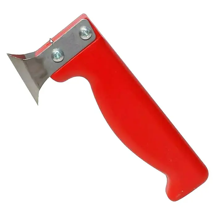 Heka Fugenmesser - Material Klinge: Federstahl - Ein roter Schaber mit gebogener Klinge, ideal zum Entfernen von Aufklebern und Kleberesten. Das Werkzeug hat einen ergonomischen Griff.