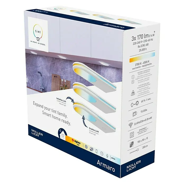 Müller-Licht Tint LED-Unterbauleuchte Armaro - 14 W, Weiß, L x B x H: 15 x 5,5 x 1,5 cm, 3 Stk. - Verpackung der smarten Müller Licht Armaro LED Unterbauleuchte mit Farbtemperatursteuerung und Zigbee-Kompatibilität.