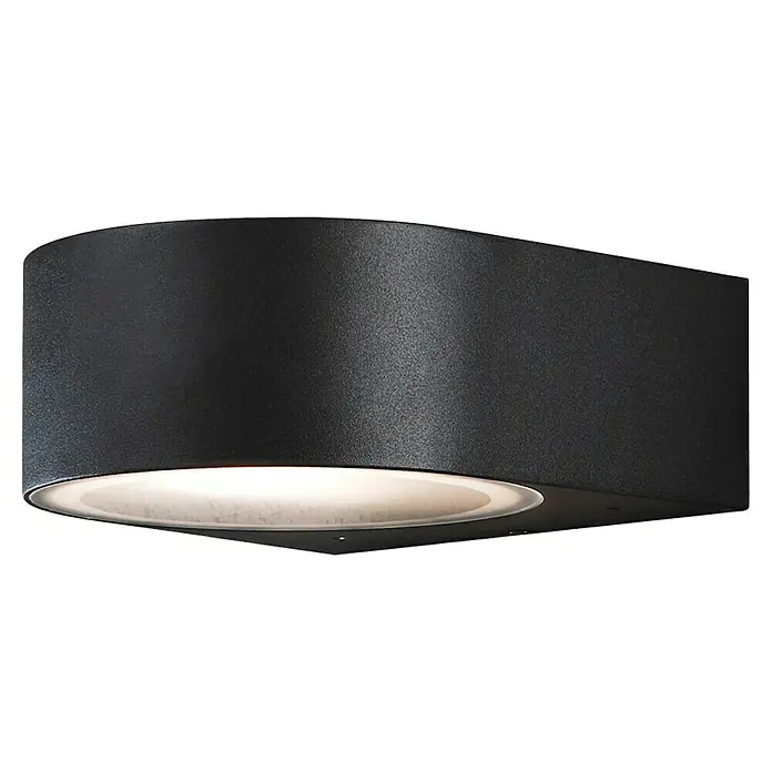 Konstsmide Außenwandleuchte - 40 W, 18,5 x 17 x 7 cm, Schwarz, IP44 - Nahaufnahme einer eleganten, mattschwarzen Wandleuchte, die ein sanftes, diffuses Licht ausstrahlt und eine moderne Ästhetik verkörpert.