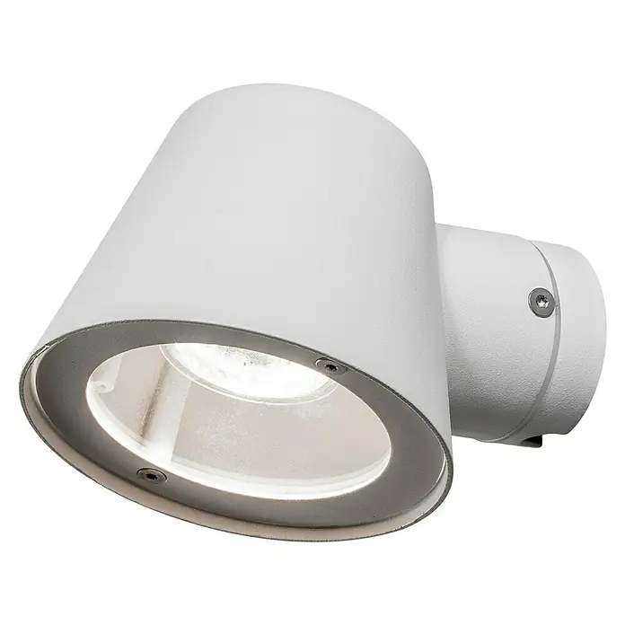 Konstsmide Außenwandleuchte - 35 W, 16 x 11,5 x 11 cm, Weiß, IP44 - Nahaufnahme einer modernen, weißen Wandleuchte, die ein helles, gerichtetes Licht ausstrahlt. Ideal für den Außenbereich und stilvolle Akzentbeleuchtung.