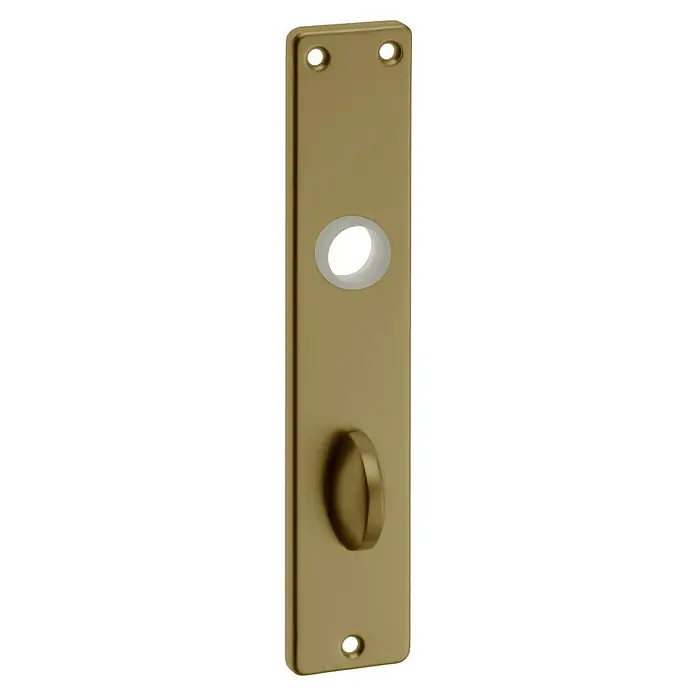 Portaferm WC-Drückergarnitur - Schlitzkopf/Olive, Aluminium, Bronze - Nahaufnahme einer länglichen, goldfarbenen Türbeschlagplatte mit Löchern und einem Griff, die die Funktionalität und das Design hervorhebt.