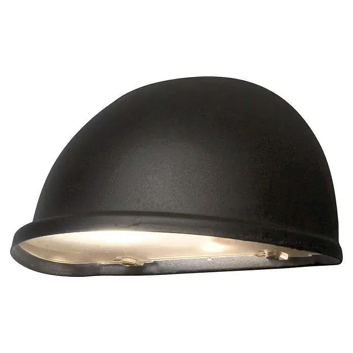 Konstsmide Außenwandleuchte - IP23, Schwarz - Nahaufnahme einer schwarzen Außenleuchte mit Licht, das von unten scheint. Das Leuchtendesign ist modern und stilvoll.