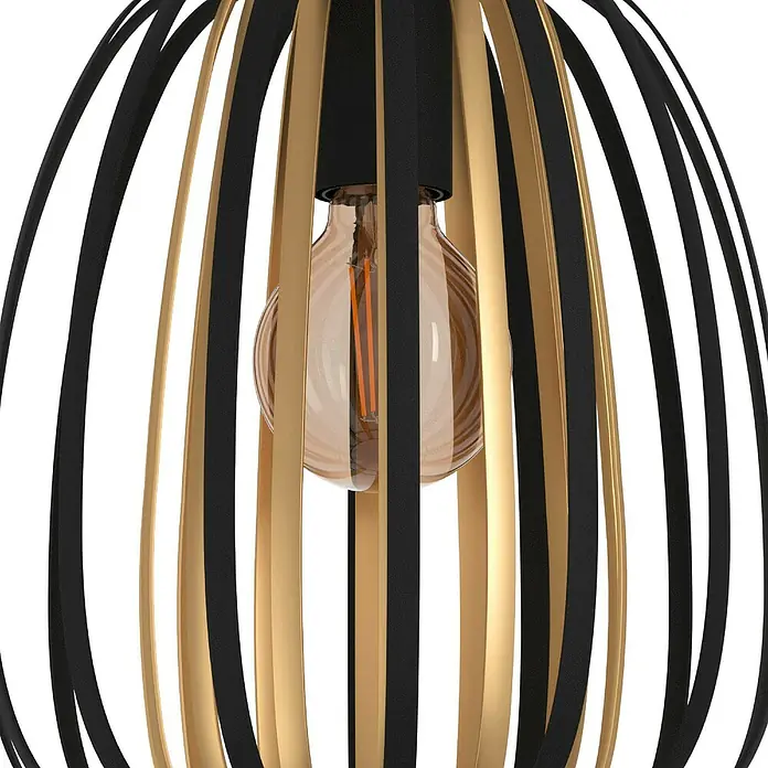 Eglo Encinitos Pendelleuchte rund ENCINITOS - 40 W, Ø x H: 25,5 x 110 cm, Schwarz/Gold, E27 - Nahaufnahme einer modernen Pendelleuchte mit goldenen und schwarzen Streifen und einer Edison-Glühbirne.