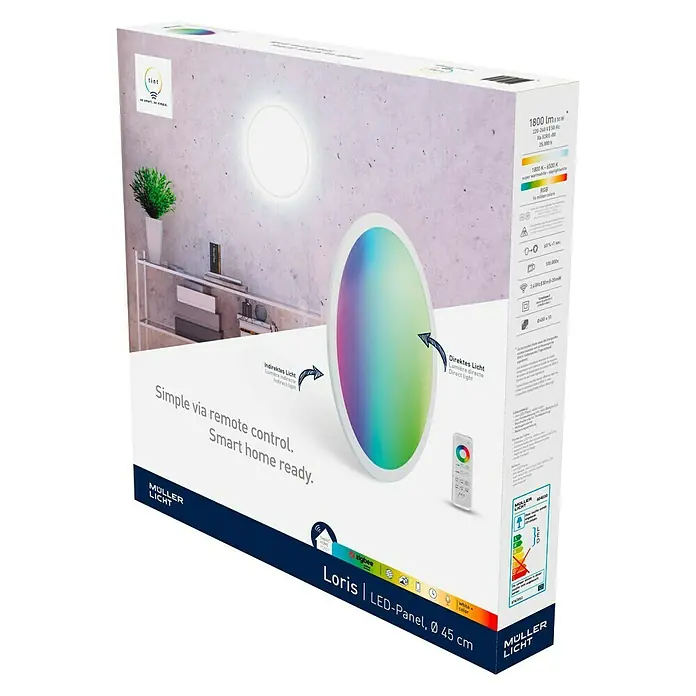 Müller-Licht Tint LED-Panel rund Loris - 30 W, Ø x H: 450 mm x 5,1 cm, Weiß, Warmweiß - Produktverpackung für das Müller Licht Loris LED-Panel, Ø 45 cm, mit intelligenter Fernbedienung und verschiedenen Lichtmodi.