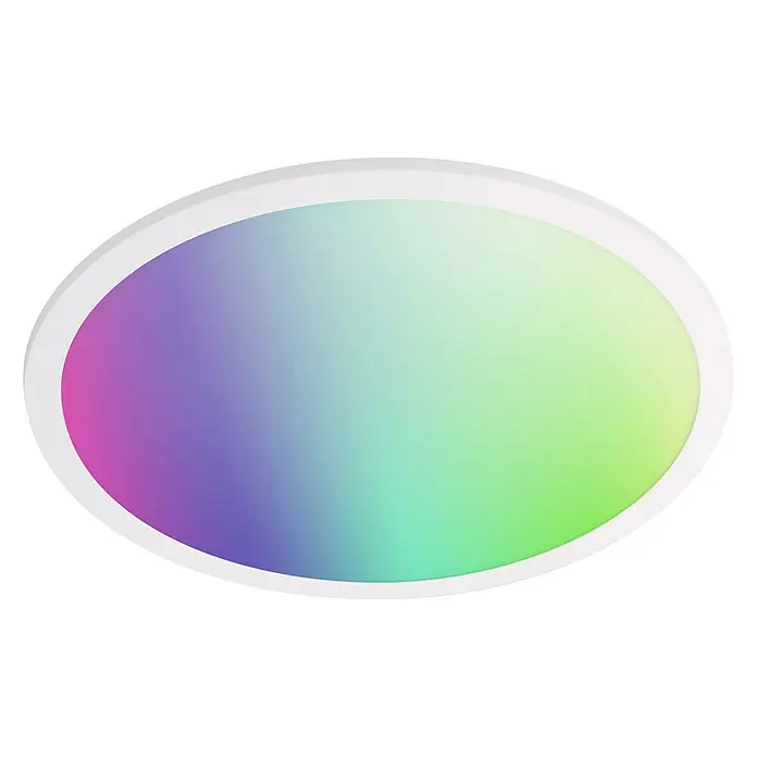 Müller-Licht Tint LED-Panel rund Loris - 30 W, Ø x H: 450 mm x 5,1 cm, Weiß, Warmweiß - Moderne, ovale LED-Deckenleuchte mit Farbverlauf von Violett zu Grün, eingefasst in einem schlichten, weißen Rahmen. Perfekt für stilvolle Raumbeleuchtung.