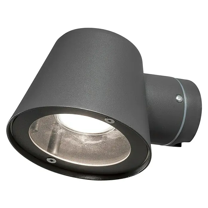 Konstsmide Außenwandleuchte - 35 W, 9 x 6 x 17 cm, Schwarz, IP44 - Nahaufnahme einer modernen, grauen Außenleuchte, die durch ihr minimalistisches Design und ihre robuste Bauweise besticht.