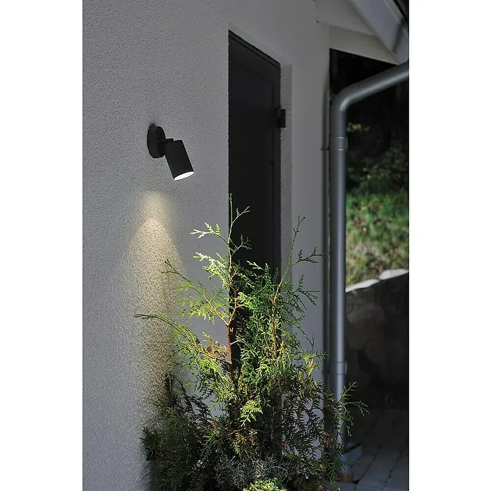 Konstsmide Außenwandleuchte - 25 W, 10,5 x 20 x 10 cm, Schwarz, IP44 - Eine moderne schwarze Außenleuchte beleuchtet eine grüne Pflanze an einer Fassade. Das Licht sorgt für stimmungsvolle Atmosphäre.