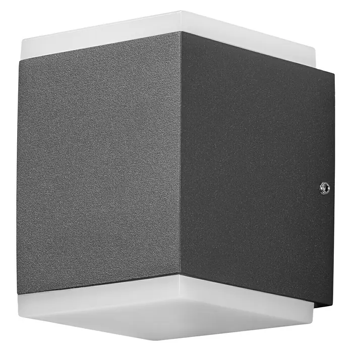 Konstsmide Außenwandleuchte - 12 W, 9 x 6 x 15 cm, Schwarz, IP54 - Eine quadratische, moderne Wandleuchte in Grau mit weißen Akzenten oben und unten, ideal für Innen- und Außenbereiche.