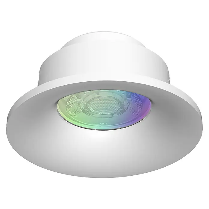 Müller-Licht Tint LED-Einbauleuchten-Set - 19 W, Weiß, 3 Stk., RGBW - Nahaufnahme einer weißen, runden Smart-Deckenleuchte mit farbiger LED-Beleuchtung und modernem Design.