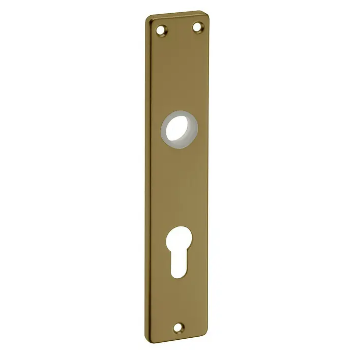 Portaferm Langschild - Distanznorm: 72 mm, Profilzylinder, Bronze, Eckig - Längliches Türschild aus Gold mit Schlüsselloch und zwei Löchern zur Befestigung. Ideal für traditionelle Türen.