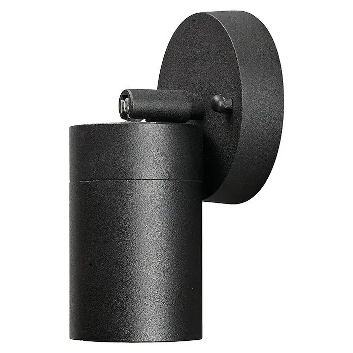 Konstsmide Außenwandleuchte - 25 W, 10,5 x 20 x 10 cm, Schwarz, IP44 - Nahaufnahme einer modernen schwarzen Wandleuchte mit zylindrischem Lampenkopf und runder Wandhalterung, ideal für stilvolle Beleuchtung.